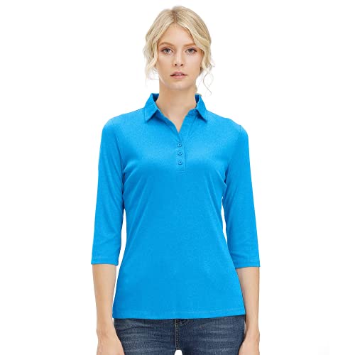 Women's Classic Fit Solid Blue Uniform 3/4 Long Sleeve Dry Fit Sport Tek Polo T Shirts Tops Polo Neck Blue S