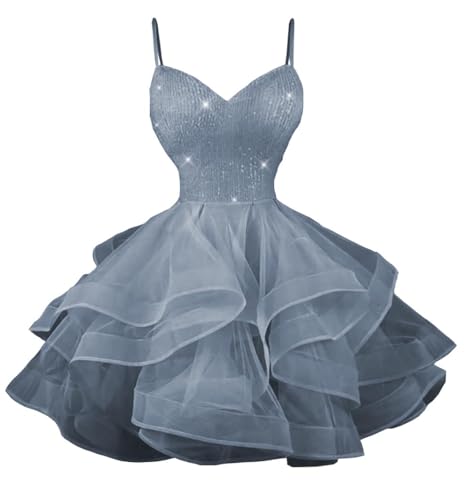 Sparkly Short Homecoming Dresses for Teens Spaghetti Straps Tulle Prom Dress Tiered Cocktail Party Gown4