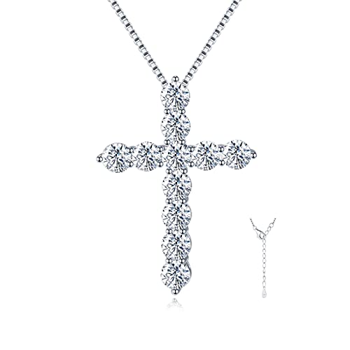 LANE WOODS Simulated-Diamond Moissanite Cross Necklace: 18k White Gold Plated Sterling Silver - Cross Pendant for Men Women Religious Jewelry Christian Gifts
