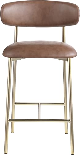 Meridian Furniture 995Brown-C Lupita Collection Moderno Butaco Contemporáneo con Asiento de Cuero Vegano Suave, Estructura Metálica Dorado Cepillado, 20.5" Ancho x 19" Profundidad x 36" Alto, Marrón, Juego de 2 miniatura 5