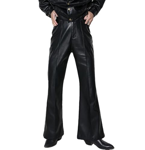 Men's Pu Leather Flare Pants Retro Hip Hop Style High Waist Slim Fit Black Faux Leather Streetwear Club Pants