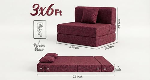 Image of Foldable One Seater Sofa Bed 3 X 6 Ft Jute Fabric Washable Cover Sofa Cum Bed with Cushions Convertible Sofa Bed for Home, Office (Red Color - Pre-Assembled)