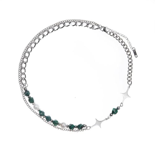 Jemant Y2k Star Necklace For Men Women Pearl Green Natural Stone Beaded Layered Cuban Chain Silver Titanium Steel Punk Kpop Cool Hip Hop Irregular Cross Choker Necklace Irregular Chain Jewelry by Jemant - Used condition - US$9.99