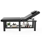 30.5'' Wide × 75'' Long Folding Stationary Massage Table with Backrest and Storage Space for Treatment Table Physical Therapy Table Spa Facial Bed, 6 Square legs, Metal Frame PU Leather - Black