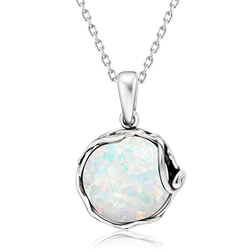 ADITA GOLD 925 Sterling Silver White Opal Necklace - 14mm Round Gemstone - White Opal Necklace for Women - 50cm Cable Chain - October Birthstone Opal Jewelry - For Classy Gift and Everyday Wear
