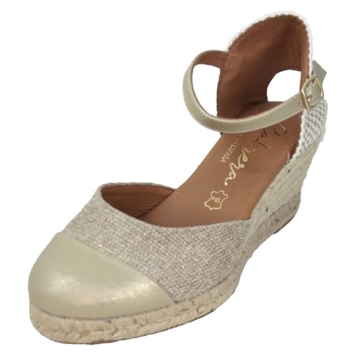 Espadrilles compensées Cabrera 59-5 chic en cuir beige et bout doré élégant