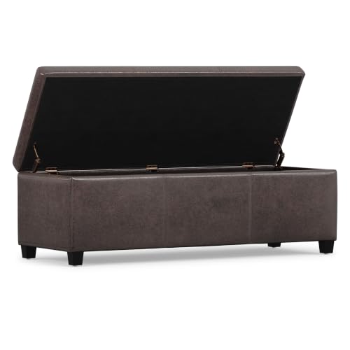 Image of SIMPLIHOME Avalon 48 inch Wide Vegan Leather Storage Ottoman in Brown