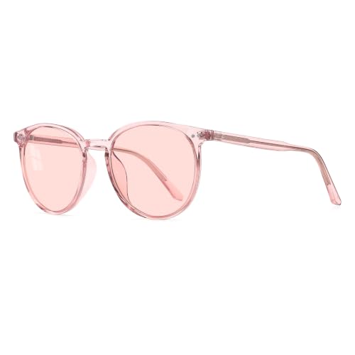 Image of Indoor FL-Flex Round Tinted Blue Light Blocking Glasses for Migraine, Fluorescent Light Sensitivity, Photophobia & LED Gaming Computer Screen Glare RF6213 (Light Rose Lens Pink Frame)