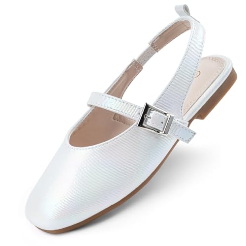 Girls Dress Shoes Square Toe Slingback Flats Adjustable Buckle Strap Mary Jane Shoes for Girls for Wedding,Party,Birthday,Colorful White,13