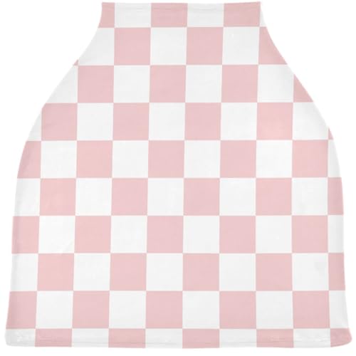 Image of White Pink Squares Checkerboard Baby Car Seat Covers Checkered Plaid Carseat Canopy Soft Infant Stroller Cover Nursing Breastfeeding Covers for Girls Boys Newborn Fit Summer Spring Autumn