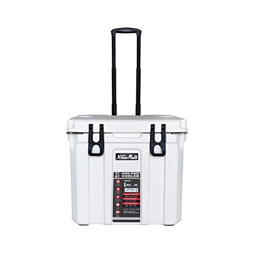 XtremepowerUS 37 Quart Insulated Portable Ice Chest Cooler Roto-Molded Bottle Opener Telescoping Handles & Wheels, White