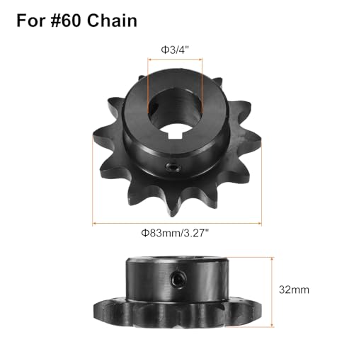Image of uxcell #60 Chain Roller Sprocket B Type, 1 inch Bore 12 Tooth Single Strand Chain Sprocket, Carbon Steel, Keyway with Set Screws