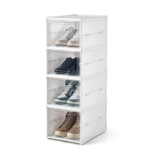 Image of RAYMOX 4 Tier Collapsible Shoe Rack with Door | Heavy Duty Plastic Sneaker Crates | Transparent Shoe Boxes | Sneaker Shoe Stand | Organiser for Heels, Boots, Loafers, Slippers