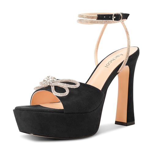 Aachcol Womens Stiletto High Heel Peep Open Toe Platform Double Bow Sandals Ankle Strap Rhinestone Crystal Buckle Party Dress Shoes 4.7 Inches Heels