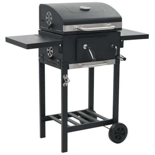 Parrilla de barbacoa resistente con ruedas, parrilla de barbacoa con estante inferior, color negro, acero con recubrimiento en polvo, 97 x 57 x 99 cm, área de cocción de 43 x 32 cm, termómetro