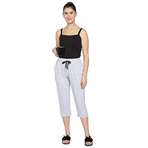 Image of Club A9 Womens Regular Fit Solid Cotton Capri Pant, Soft & Comfortable, Stylish Design, Ideal For Casual Outings | Large | Grey Melange