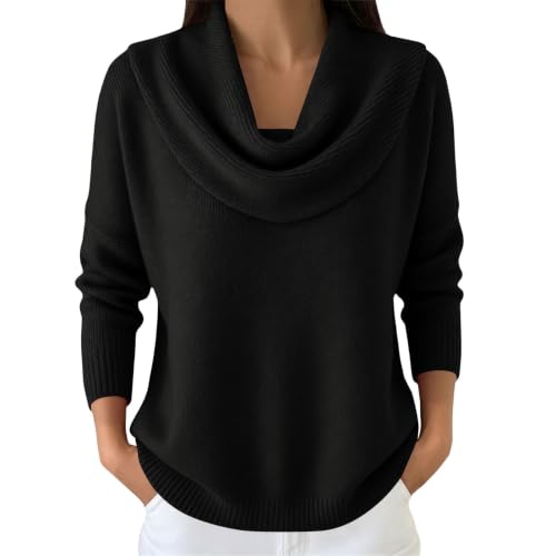 Image of Women's Jumpers Chunky Knitted Cowl Neck Casual Sweater Fall Elegant Soft Long Sleeve Tops Solid Knitwear Loose Warm Ladies Jumpers Black L