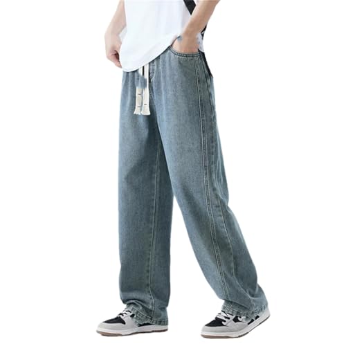 Men's Drawstring Straight Jeans, Solid Color Loose Wide-Leg Pants, Blue Multi-Pocket Hip-Hop Jeans