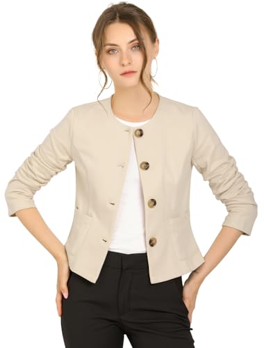 Allegra K Women's Vintage Crop Jackets Casual Elegant Lightweight Button Short Coat Jacket Beige L