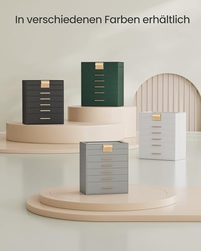SONGMICS GISELLA Kollektion - Schmuckkästchen mit Glasdeckel, Schmuckkasten mit 6 Ebenen, Schmuckbox, 5 Schubladen, Schmuckaufbewahrung, modern, Geschenkidee, wolkenweiß-golden JBC171W01V1