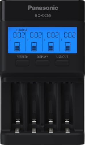 Image of Panasonic BQ-CC65AKBBA Super Advanced eneloop pro and eneloop 4-Position Quick Charger with LCD Indicator Panel and USB Charging Port,Black,(Pack of 12)