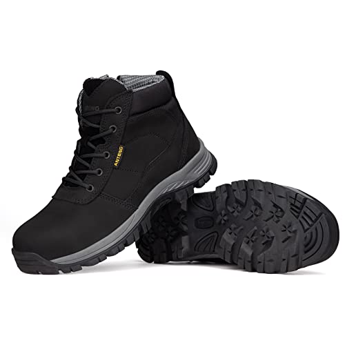 Mens Work Boots, Nubuck Leather Steel Toes Safety Footwear, Slip Resistent YKK Zipper Protective Shoes, 6 inch, Anti-Puncturing, Anti-Static, Lightweight (AT801-2, Black)2