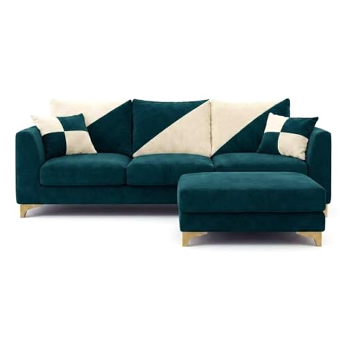 Image of Juliet 4 Seater L Shape Sofa Set with Movable Ottomans | Flexible Layout | Rich Velvet Suede Fabric | Silver Legs | Dual Tone Modern Sofa for Living Roomn(Green Teal-Cream)