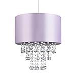 Modern and Eye-Catching Lilac Satin Fabric Pendant Light Shade with Hanging Transparent Acrylic Droplets | 30cm Diameter by Happy Homewares