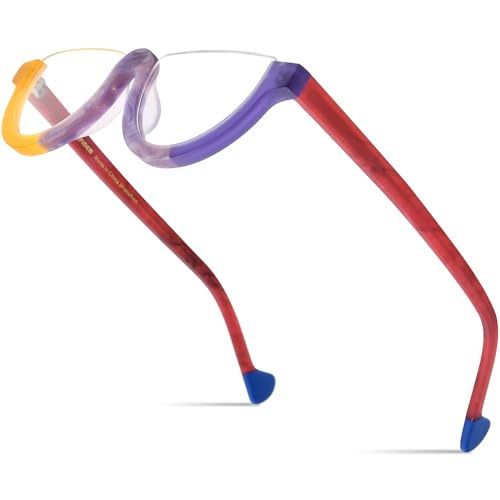 Image of HEPIDEM Matte Multicolor Acetate Glasses Frame Women,Semi Rimless Round Optical Eyeglasses