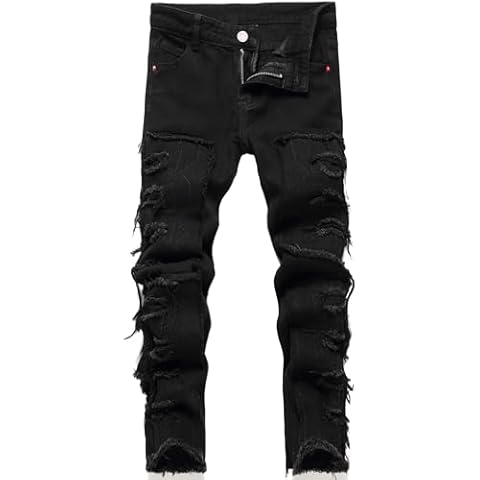 FREDD MARSHALL Boy's Black Stacked Jeans Distressed Slim Fit Contrast Color Fashion Washed Pants,128-7,16 Cover