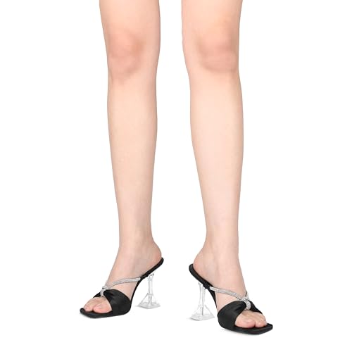 Zzheels Rhinestone Bow Heels Square Toe Slip On Mules Clear Chunky Heels Daily Dress Sandals Black US94