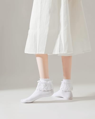 Women Lace Ruffle Frilly Ankle Socks with Pearl Lace3