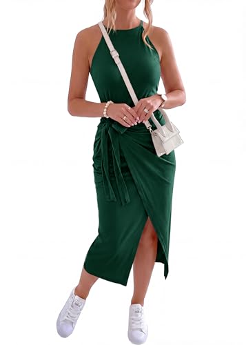 Image of NOLLSOM Women Casual Sleeveless Striped Tank Midi Dresses Halter Neck Ruched Bodycon Dresses Tie Waist T Shirt Summer Dress