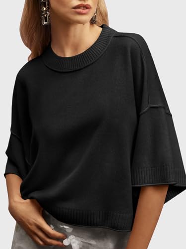 Saodimallsu Womens Short Sleeve Sweater Summer Oversized Cropped Sweaters Casual Crewneck Lightweight Knit Tops2