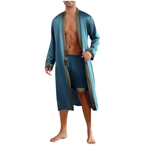 Men's Luxury Sliky Bathrobe Set 2 PCS Satin Kimono Robe and Shorts Long Sleeve Sleepwear Pjs Sets for Travel Spa