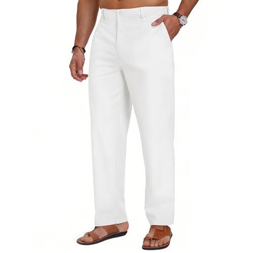 Puimentiua Mens Cotton Linen Pants Business Casual Mens Dress Pants Summer Beach Loose Relaxed Fit Trousers (L White)