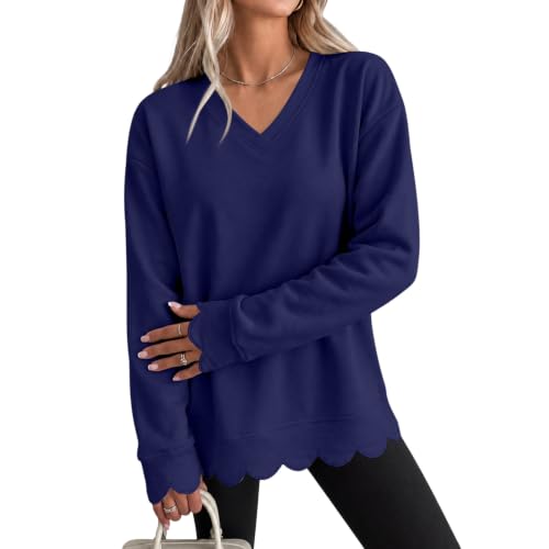 Cotton Sweatshirt for Women V Neck Scalloped Hem Trendy Pullover Tops - image 1