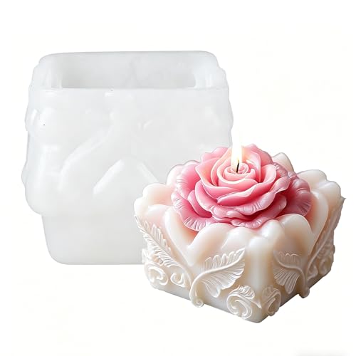 Stampo quadrato in silicone per bouquet di rose 3D, per candele in rilievo, con fiori e foglie, sapone, resina epossidica e gesso