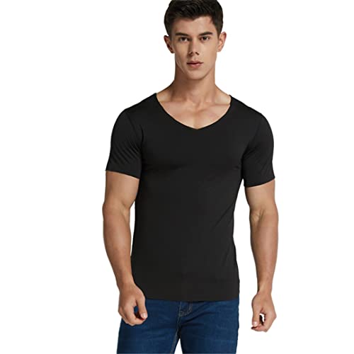 Men's V-Neck Undershirts Man Ice Silk Seamless Short Sleeves Basic Shirts Summer Sexy Fitness Body Building Underwear4