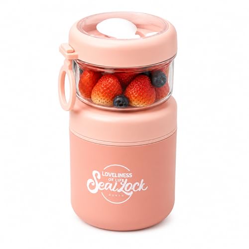 Image of 860ML Double Layer Lunch Container for Office & School, Insulated Food Jar with Snack Compartment, Leakproof Portable Bento Box, Round Lunch Box for Men Women Kids - Pink