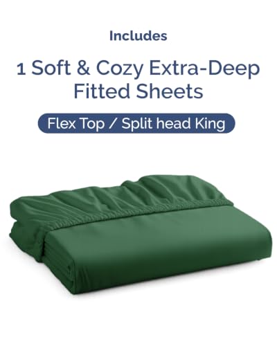 Image of Extra Deep Flex Top Split Head King Fitted Sheet - Hotel Luxury Single Fitted Sheet Only - Easily Fits 18 inch to 24 inch Mattress - Ultra Soft, Wrinkle Free w /Extra Deep Pockets - Emerald Green