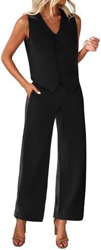KIRUNDO Womens Two Piece Outfits Summer Fashion Button V Neck Crop Vest Blazer and Wide Leg Pants Suit Matching Sets