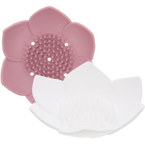 STOBOK 2個 シリコン製蓮花形ソープディッシュ 排水付き 鹸収納容器 バスルーム用おしゃれな鹸ホルダー ホワイト ピンク