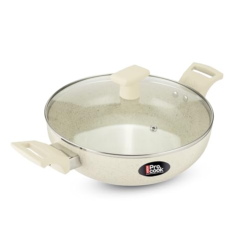 Image of MILTON Pro cook Induction Cookware & Gas Stove Friendly Ceramic Non-Stick Kadhai with Lid 26 cm | Premium KFCC South Korean Coating | PFOA & PFAS Free | Quick Even Heating | Less Oil Cooking | Cream