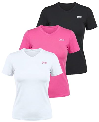 Juicy Couture 3PK Women's Short Sleeve V-Neck Athletic T-Shirts – Workout, Fitness, Yoga, Pilates, Gym Activewear- Set 4, M