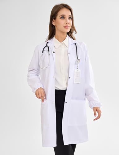 Image of Women's Lab Coats Snap Closure 4 Pockets Elastic Cuffs Professional Medicas Long Sleeve Labcoats Scientist College