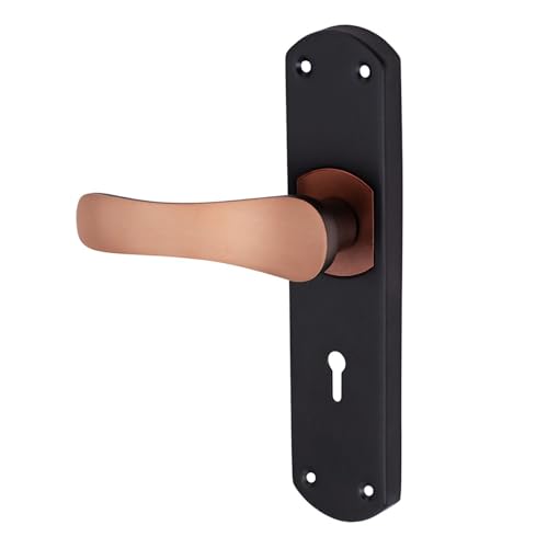 Image of Milton Iron Mhi - R-300 Mortise Lock Set with Rose Copper Handle, Black Plate, 200mm Length, 125mm Handle, Keyhole Design, Complete with Keys and Hardware