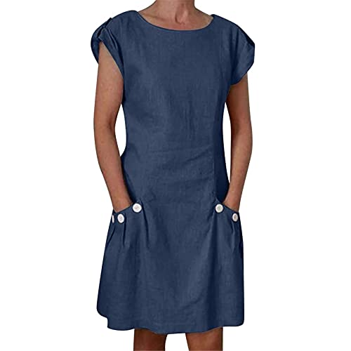 Leinenkleid Damen Sommer- Sommerkleid Damen Knielang, Vintage Kleid Damen Kurzarm mit Taschen Knöpfen Rundhals Lässig Luftige Kleider Elegant...