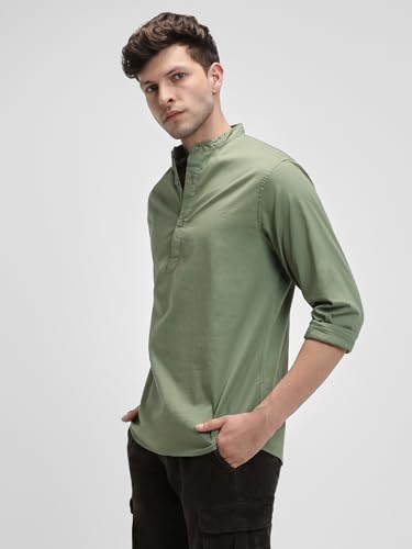 Image of Dennis Lingo Men's Cotton Solid Slim Fit Mandarin Collar Full Sleeves Casual Shirt