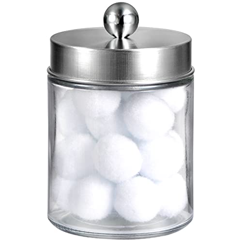 Amolliar Apothecary Jar Qtip Holder w/Metal Lid, Glass, Brushed Nickel | for Bathroom Vanity Storage, Countertop, Farmhouse Style, Holds Cotton Swabs, Dental Floss, Makeup Sponges